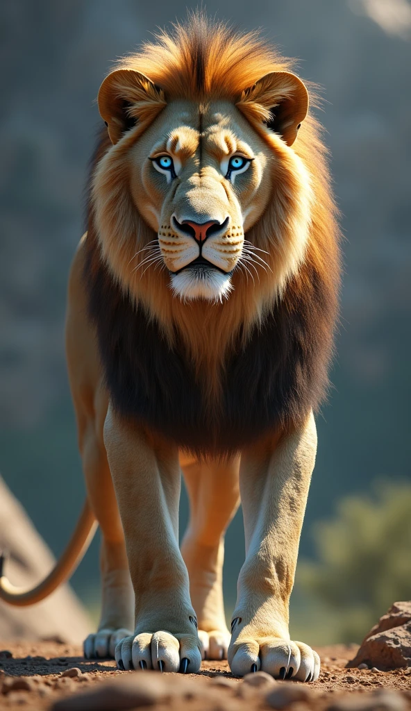 Create an ultra realistic 8k image of a big strong blue-eyed lion 