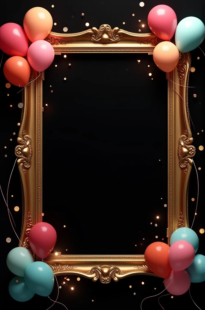 Birthday invitation card black background with a gold frame and balloons on the sides and pennants on the top 