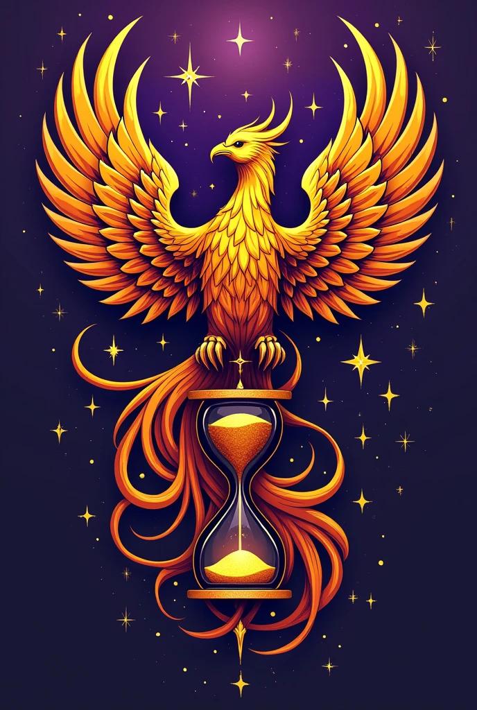 Just purple background with a phoenix , holding an hourglass, Written "Copernicus" Written maior de branco, with the black outline on top with star details 
