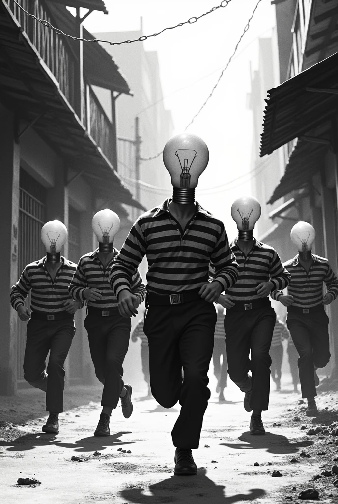 Creates an image of a bunch of bandits running away in black and white striped prison clothes, in the background of the images there are favelas, images of shacks, behind these prisoners there are people running after them pointing fingers at them running after them, but these people's heads are similar to those old yellow, oval-shaped lamps that were used in houses in the past. People are holding a bunch of light bulbs in their hand, These people are wearing police clothes, remembering that the prisoners have the heads of normal humans, The image must show both the prisoners running and the people running after them.