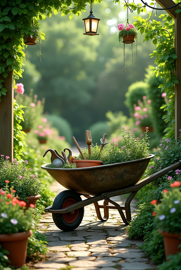An image as realistic as possible of a garden with bright green colors, colored silvers, a wheelbarrow with garden tools.
pots with plants on the floor Without trees 