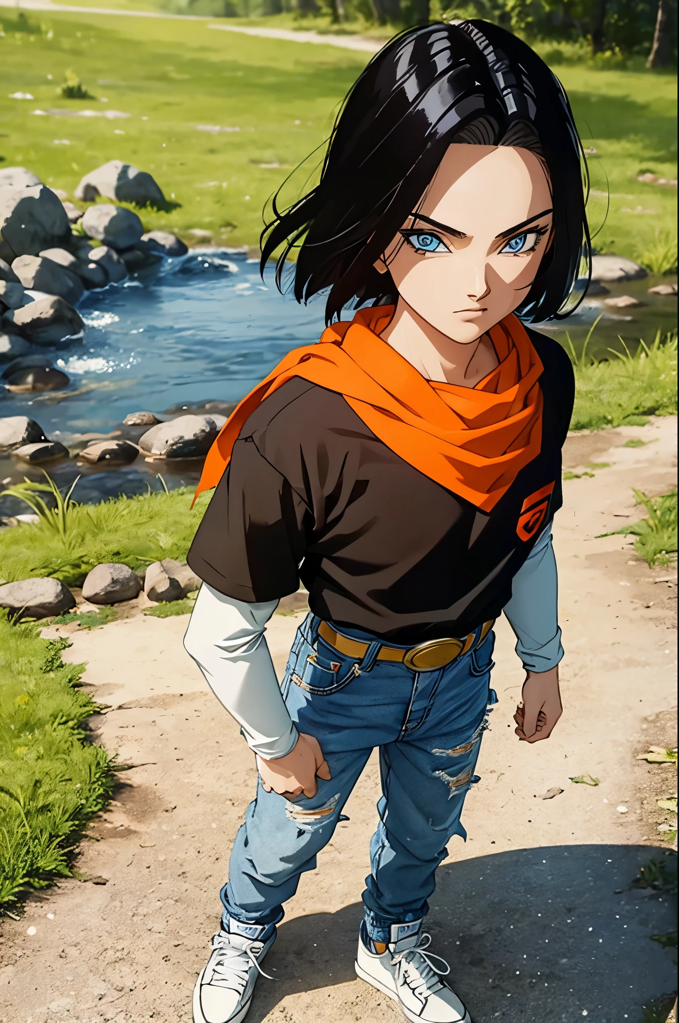 A masterpiece, best quality, detailed and expressive eyes, perfect facial features, high resolution, 1 boy, alone, android 17-inspired boy, (male body:1.3), blue eyes, black hair, parted hair, short hair, black shirt, jeans, layered shirt, white sleeves, orange bandana, blue sneakers, green socks, brown belt, red freckles, outdoor, landscape, standing, portrait, looking at viewer