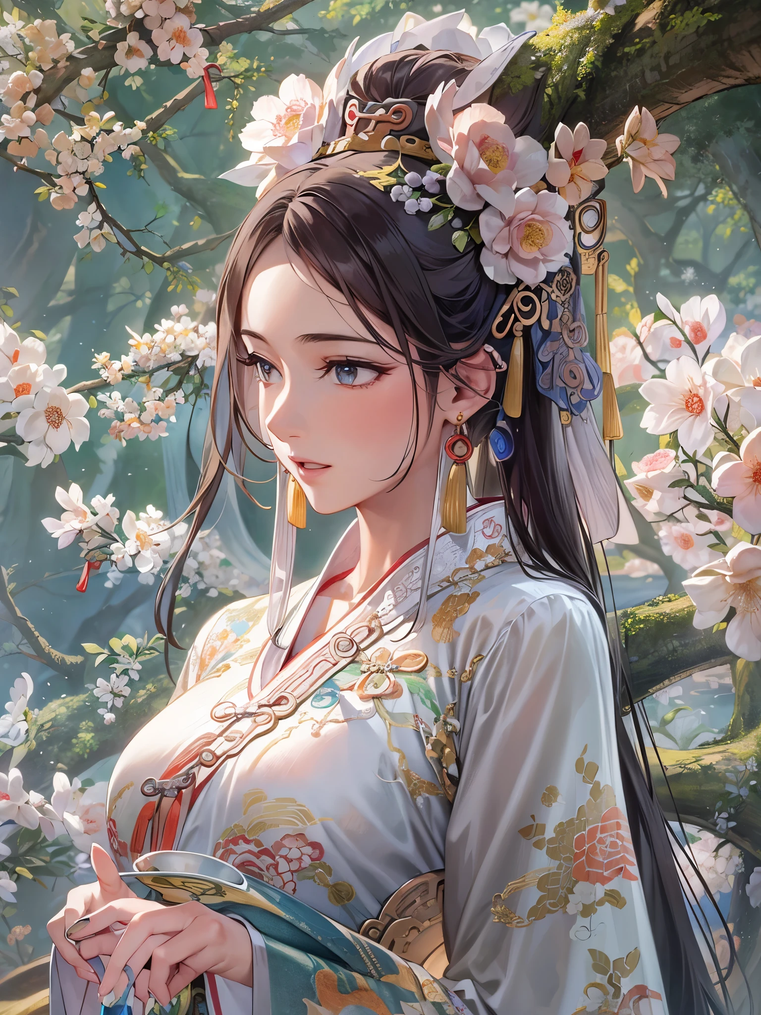 ((Highest quality)),(Ultra-high resolution),(Super detailed),(Detailed Description),((The best CG)),(masterpiece),Highly detailed art,(Art with precise detail:1.5), (Paintings inspired by ancient China:1.6), (Standing Woman:1.5, Beautiful and well-proportioned face:1.3, light makeup),(China dress:1.4, Embroidery inspired by nature:1.3), stream,breeze,Sunlight filtering through the trees