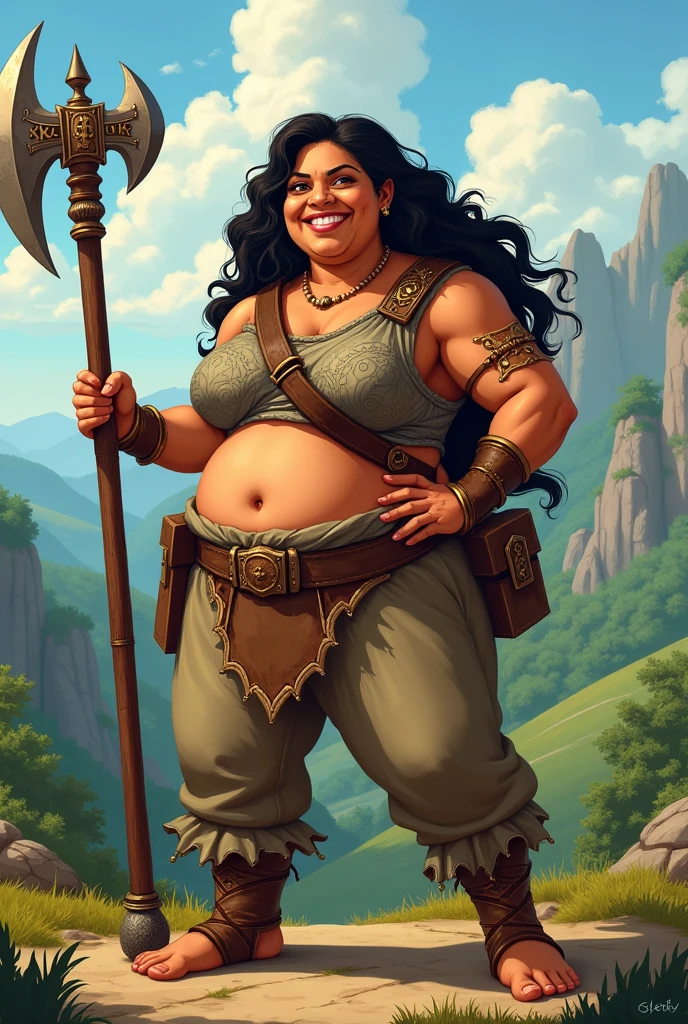 a medieval woman, viking, wearing pants and long sleeves, with Brazilian features and white. She is smiling, showing teeth, in a charismatic and silly way, very cute. The woman must be very fat, with barbaric style/warrior. Use the character Luisa Forte and Terry Crews as references. Make the drawing more cartoonish. Add a battle axe to your hands.
