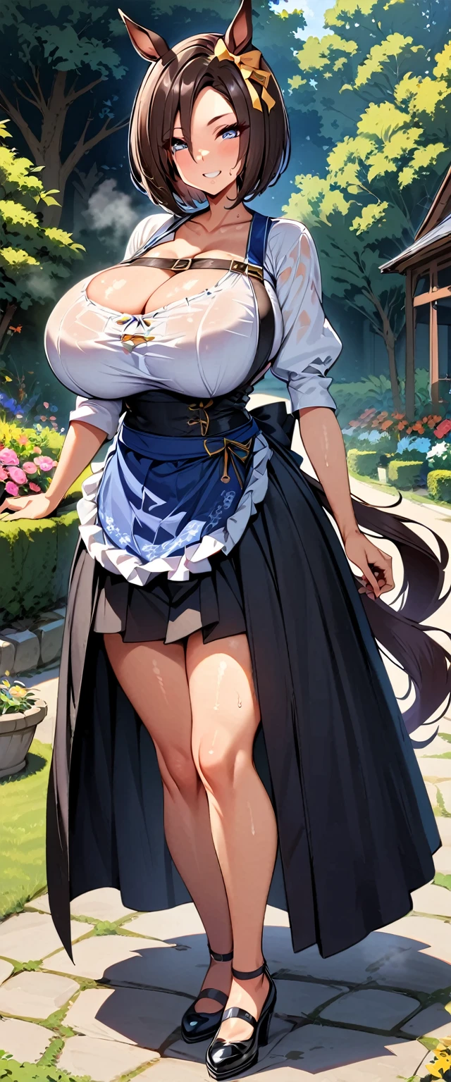 1girl, 1girl, air groove (umamusume), umamusume]], bob cut,blue eyes,eyeshadow,gigantic breasts, solo, masterpiece, gleaming skin, super detailed skin, shiny hair, glamorous, happy smile,steam,sweat,dirndl,pubic hair, full body,standing,horse tails,garden