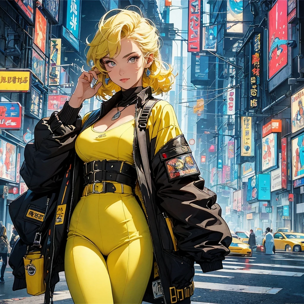 (masterpiece, highest quality), 32K,(highly detailed beautiful woman), poster,SF,1960s,1970s,bauhaus, shape, abstract,movie poster, vintage,retro,futuristic anime,ultimate map,highlight,highly detailed glowing eyes,cleavage,complicated pattern,Stylish hairstyle,fluorescence((yellow clothes)),Starry Sky,Cyberpunk street fashion,