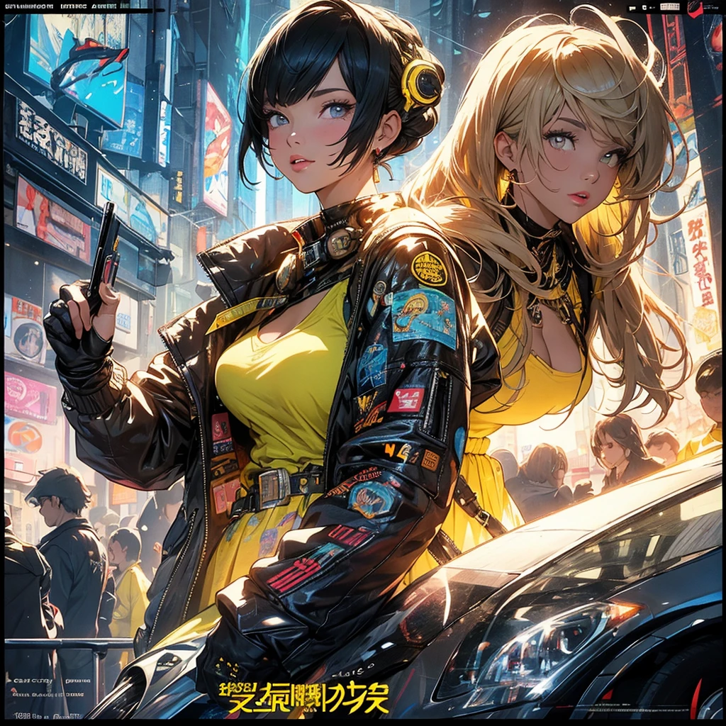(masterpiece, highest quality), 32K,(highly detailed beautiful woman), poster,SF,1960s,1970s,bauhaus, shape, abstract,movie poster, vintage,retro,futuristic anime,ultimate map,highlight,highly detailed glowing eyes,cleavage,complicated pattern,Stylish hairstyle,fluorescence((yellow clothes)),Starry Sky,Cyberpunk street fashion,