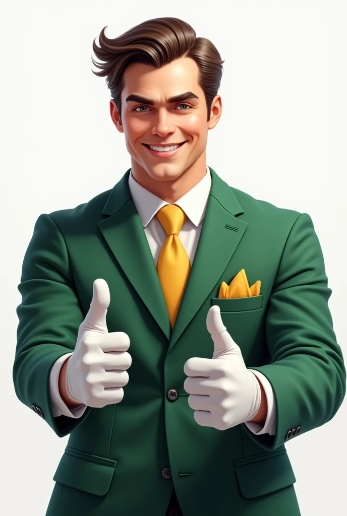 I would like a highly realistic, non-drawn image of a man from the waist up. He should be wearing a green suit, white shirt and yellow tie. The background should be a neutral environment, white and well lit. The man&#39;s hair must be combed to the side and he must wear white gloves and a yellow detail like a handkerchief or something like that in his jacket pocket., making a thumbs up sign with both hands and looking at the camera The camera should be at eye level capturing half of the body, and the image must be in high resolution.