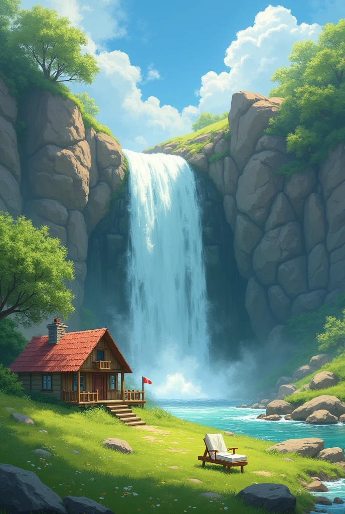 A beautiful waterfall rocks.large green lawn a cabin a chair a book and an air of innocence the perfect image of a cottage 