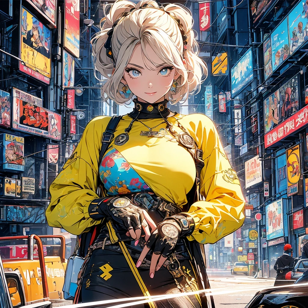 (masterpiece, highest quality), 32K,(highly detailed beautiful woman), poster,SF,1960s,1970s,bauhaus, shape, abstract,movie poster, vintage,retro,futuristic anime,ultimate map,highlight,highly detailed glowing eyes,cleavage,complicated pattern,Stylish hairstyle,fluorescence((yellow clothes)),Starry Sky,Cyberpunk street fashion,