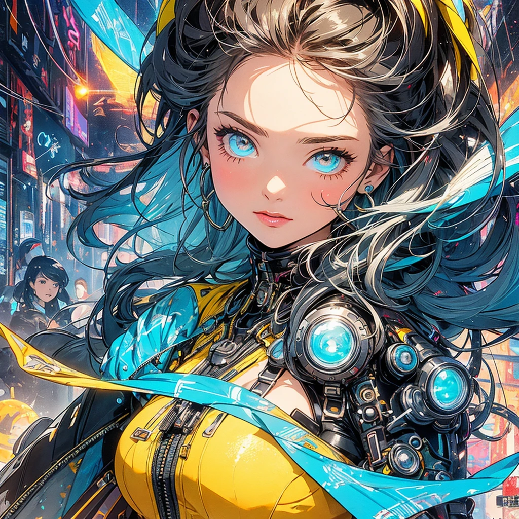 (masterpiece, highest quality), 32K,(highly detailed beautiful woman), poster,SF,1960s,1970s,bauhaus, shape, abstract,movie poster, vintage,retro,futuristic anime,ultimate map,highlight,highly detailed glowing eyes,cleavage,complicated pattern,Stylish hairstyle,fluorescence((yellow clothes)),Starry Sky,Cyberpunk street fashion,