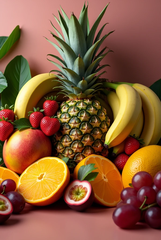 Image of mangoes, bananas, strawberries, Grape, pineapples, passion fruits that look provocative