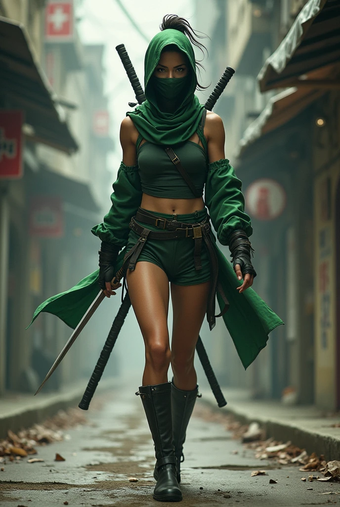 female character with short green clothes with a very beautiful body and defined muscles, hair tied up and carrying her ninja weapons while hiding her identity with a persona mask over her eyes 