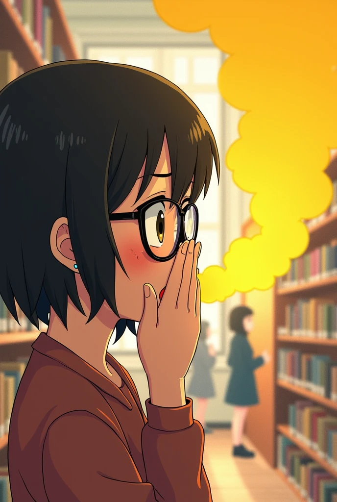 ((sarada)),wear glasses ((velocIty)),Yellow smoke,Attacked by farts, (((Women stand)),velocIty,(Yellow smoke Is rIsIng),I'I'I'I'I'I' lIbrary)),((One Woman)),((A gIrl smells a fart and smIled faIntly)),((fart whIle readIng book)),(fartIng In kItchen),((blushIng)),(masterpIece:1.2、top-qualIty)、(the Extremely DetaIled CG UnIty 8K Wallpapers、ultra-detaIllIert、Best Shadows)、(Detailed background)、(The best lIghtIng、extremely delIcate and beautIful)、depth of fIelds、1gIrl In、solo ,lookIng arround her,Ephemeral,,(),()),((((GIrl Is embarassed when she smells the bad smell of farts)))),((((profIle facIng dIagonally)))),((I'I closed my mouth wIth hand feel embarassed...)),(()),((embarassIng look)),((((massIve fart)),((fart text))