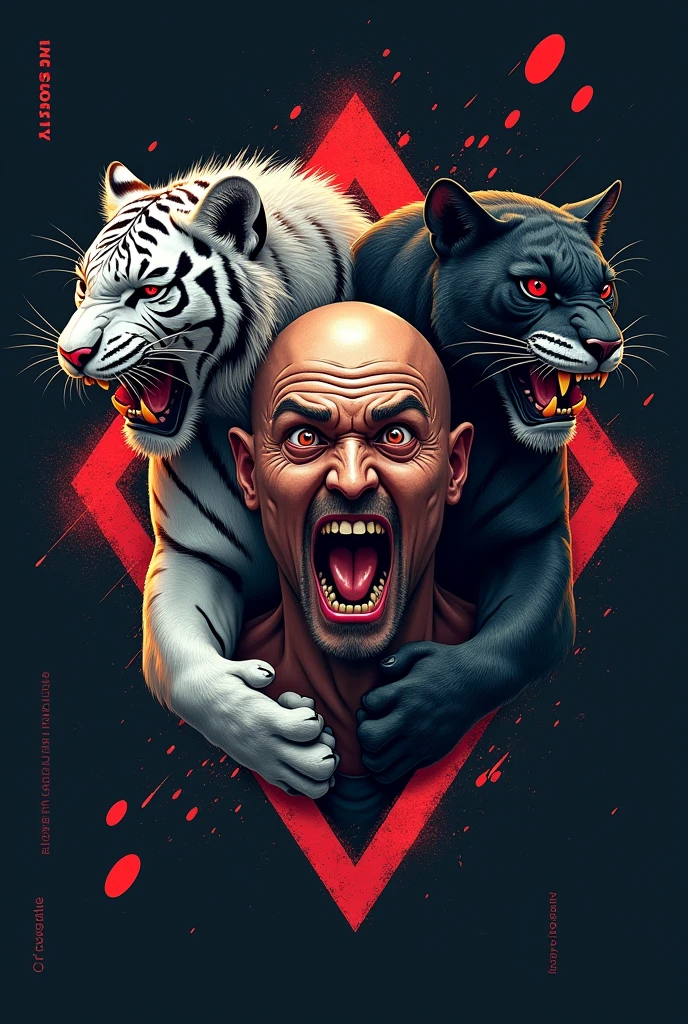 Logo of a diamond soccer ball with face inside the ball of a crazy animated schizophrenic holding the ball the fierce white bengal tiger and the fierce black panther for goal schizophrenics