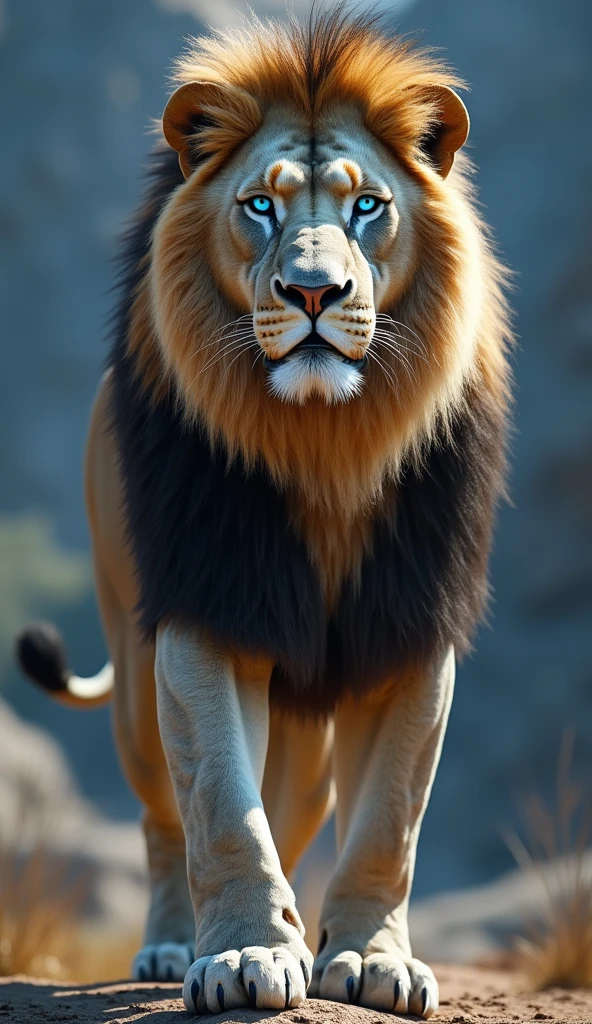 Create an ultra realistic 8k image of a big strong blue-eyed lion 