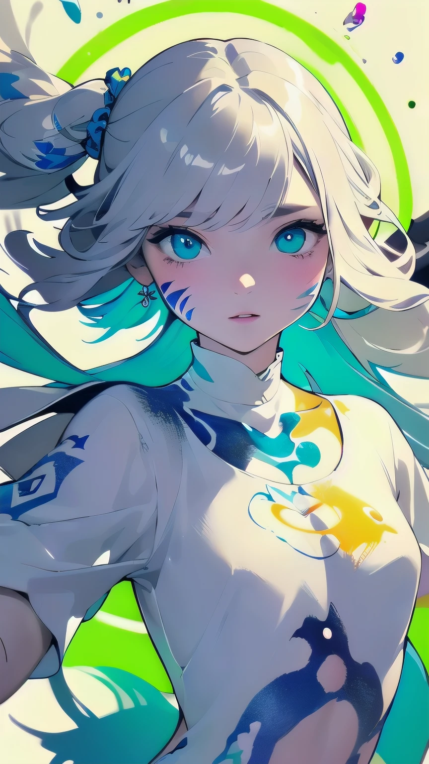 (Very detailed,Ultra-high resolution,Detailed Background),((2D)),((Flat Color)),((colorful)),((floating colorful water)),1 person,alone,Looking at the audience,break、Body Paint、Feminine beauty、White Face、(((luminous paint)))、warm color、