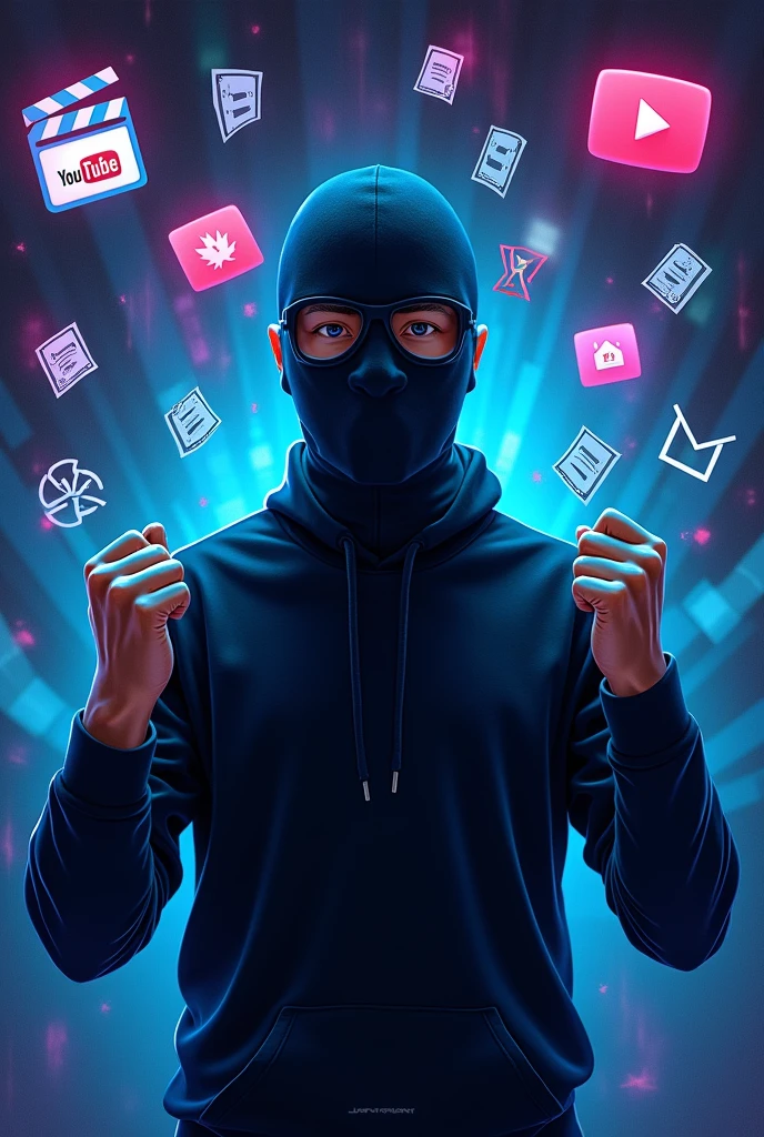 "Create a high-resolution, visually striking course cover image featuring a male figure hiding his face with a mask or covering that makes it difficult to identify his features, ensuring a high level of anonymity. The figure should be positioned dynamically in an action pose to emphasize secrecy. Use a vibrant and colorful background with a gradient or abstract design, incorporating rich, contrasting colors like deep blue, purple, and dark gray to add depth and visual interest, with a highly detailed and vibrant appearance. Place symbols of financial success, such as dollar signs ($), stacks of bills, or currency icons prominently behind the male figure, ensuring they are bold, highly detailed, and sharply contrasted. Integrate images of the TikTok, YouTube, and Kwai app icons into the background with exceptional clarity and resolution, making them large, prominent, and highly visible against the colorful backdrop. Include visual references to video editing, such as camera icons, film reels, or editing software icons (like scissors or a timeline), also in high resolution and vivid detail, subtly blended into the background but remaining clear and detailed. The overall style should be sleek and modern, with a balanced composition that ensures the main subject and thematic elements (money, video editing, and app icons) are visually harmonious and impactful. Avoid any text or written elements. The image should effectively convey the concepts of financial success through video content creation and the presence of popular video platforms while maintaining the theme of anonymity."