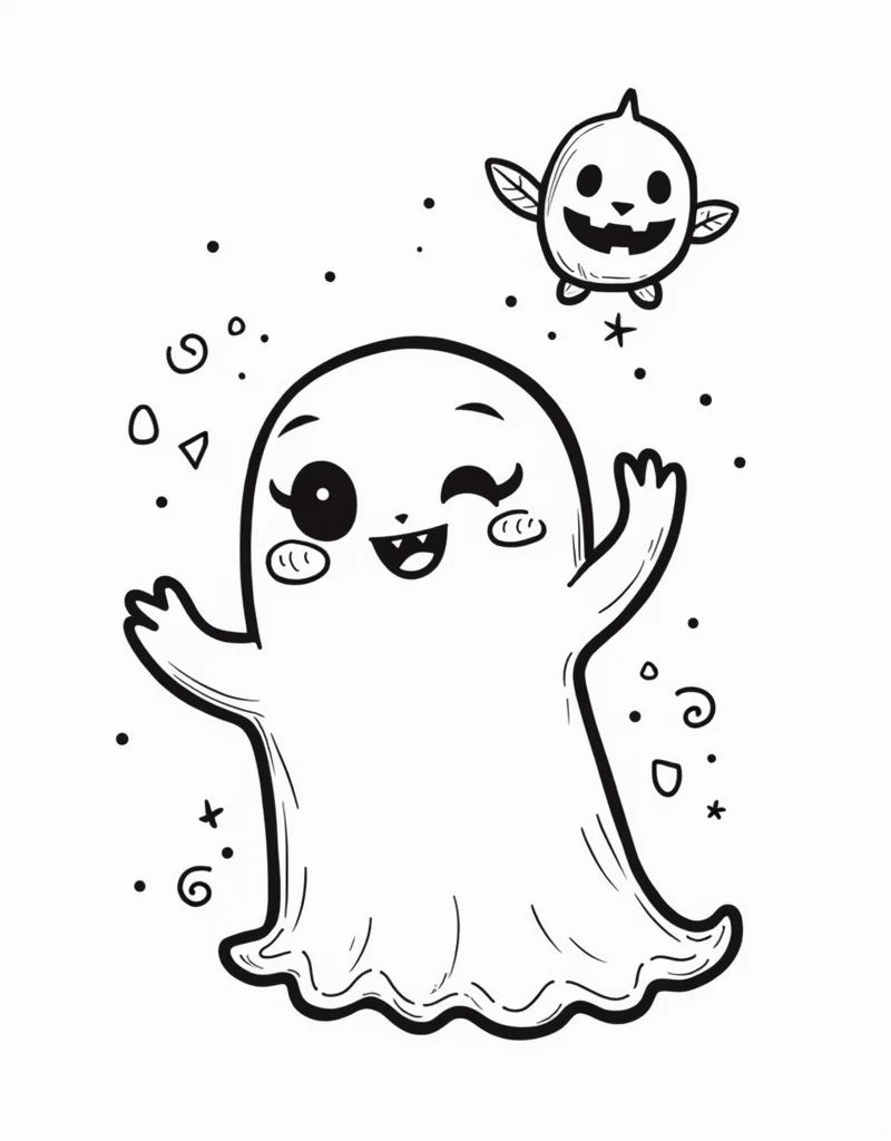 Cute and Spooky Halloween coloring Page, simple for toddlers, bold and easy, black boldlines, White background, for a coloring book black and white, line art, only outlines, but the design is simple and bold, no greyscale