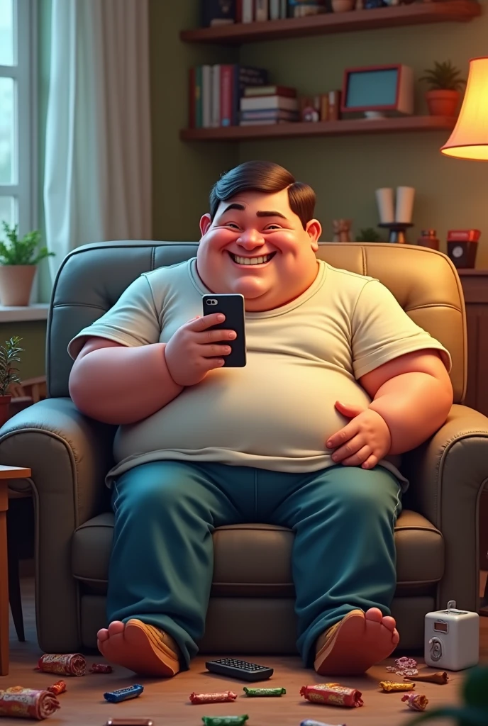 CREATE A FAT MAN SITTING ON THE SOFA FOLLOWING HIS CELL PHONE WITH A LOT OF NONSENSE BY HIM THIS IMAGE WILL BE USED ON TIKTOK