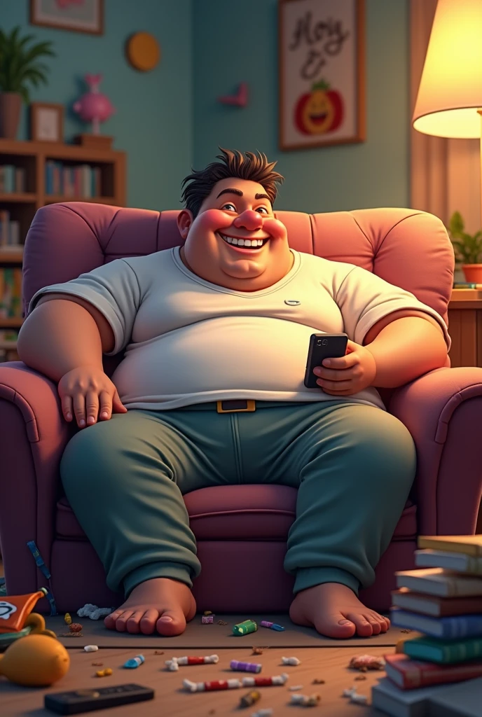 CREATE A FAT MAN SITTING ON THE SOFA FOLLOWING HIS CELL PHONE WITH A LOT OF NONSENSE BY HIM THIS IMAGE WILL BE USED ON TIKTOK