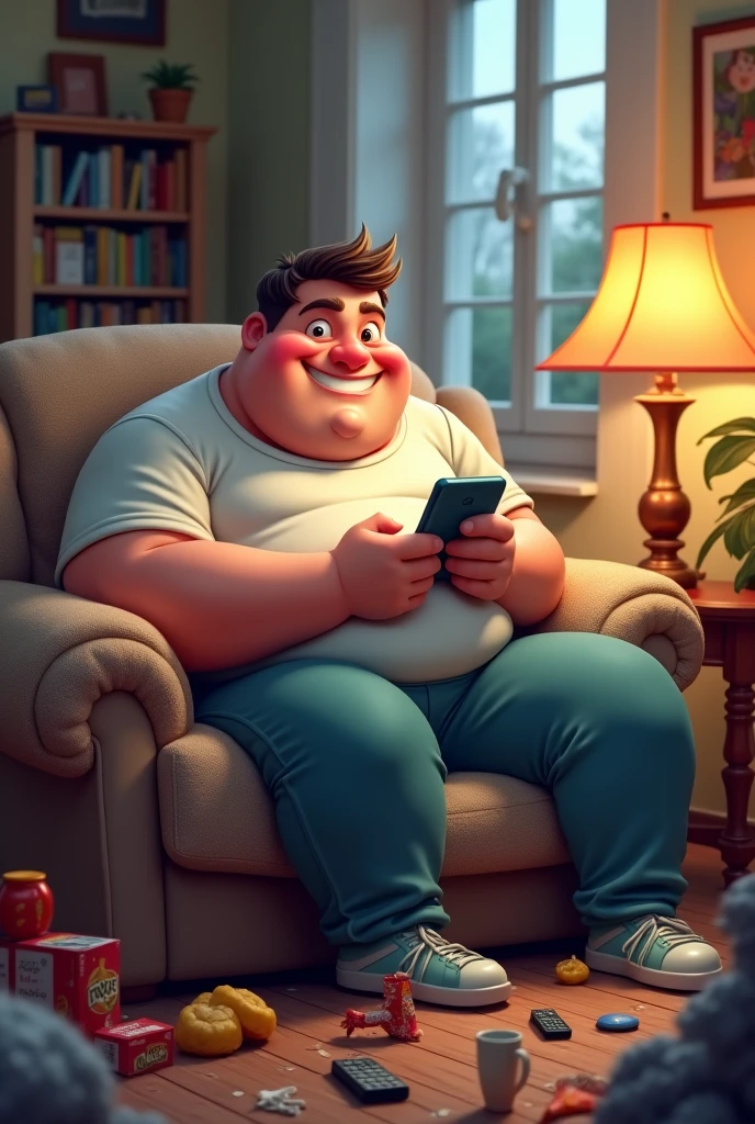 CREATE A FAT MAN SITTING ON THE SOFA FOLLOWING HIS CELL PHONE WITH A LOT OF NONSENSE BY HIM THIS IMAGE WILL BE USED ON TIKTOK