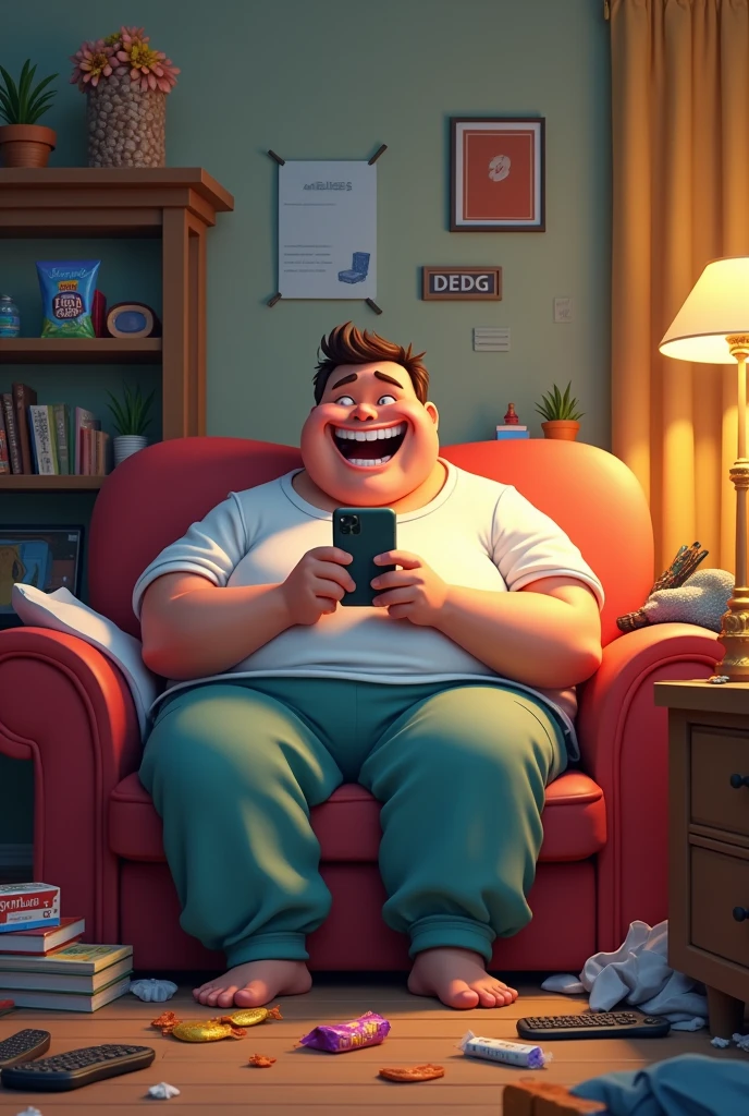 CREATE A FAT MAN SITTING ON THE SOFA FOLLOWING HIS CELL PHONE WITH A LOT OF NONSENSE BY HIM THIS IMAGE WILL BE USED ON TIKTOK