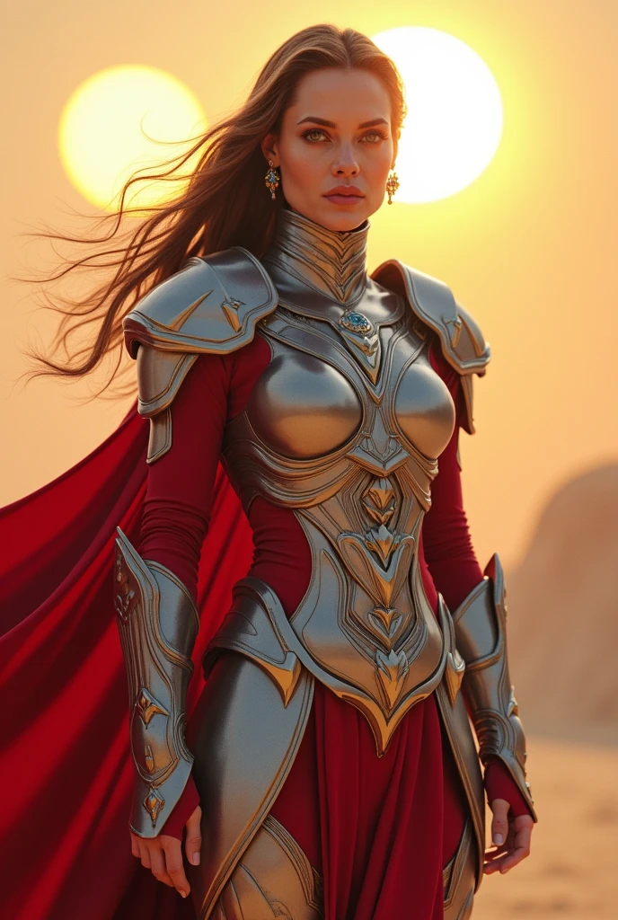 Illustrate actress Angelina Jolie as a Dungeons and Dragons paladin, without helmet, silver and red power armor, red and magical cape, detailed face of Angelina Jolie, in a sandy region with two suns shining in the sky in the background. 8k realistic