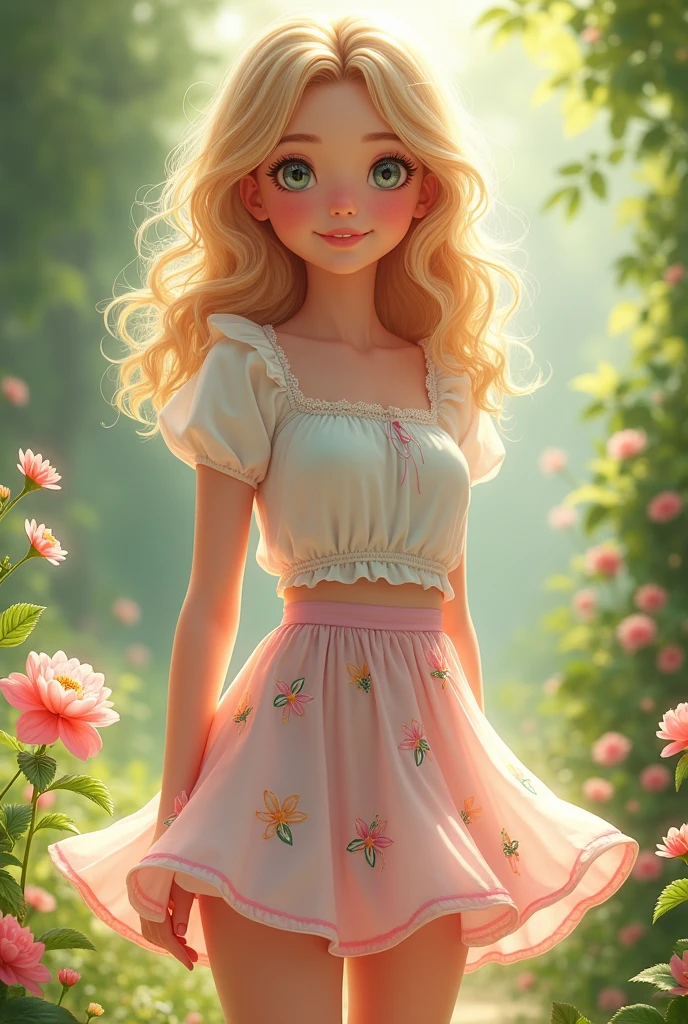 Blonde girl with floral miniskirt and white blouse
