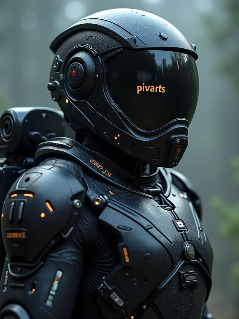((Male)) A black and metallic space suit with a solid visor display “PIVARTS”, highly detailed, hyper realistic, cinematic lighting, volumetric fog, dramatic shadows, intricate mechanical details, complex textures, sleek futuristic design, cinematic composition, HDR, 8K