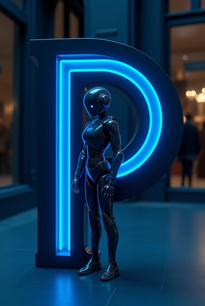 Make a letter "p" Dark blue with shadow, fashion and have a chatbot in the middle, Realistic mode