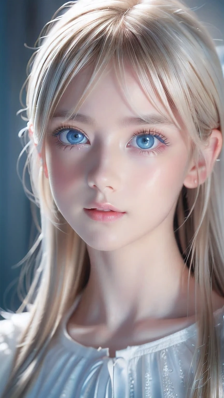 Highest quality、8K masterpiece、Ultra-high resolution、(Realistic:1.3)、RAW Photos、 Scandinavian girl with shiny blonde hair、Silvery blonde hair、Super long straight hair、Bangs between the eyes、Bangs that fall over the eyes、Bangs over one eye、Bangs between the eyes、White and glowing skin、1. Cyberpunk Super Beautiful Soldier、((Ultra-Realistic Details))、Portraiture、Global Illumination、Shadow Realm、Octane Rendering、8k、Ultra Sharp、metals、Cool colors、、Very intricate details、Realistic Light、Trends of the CG Association、Very beautiful big bright blue eyes、Very big eyes、Eyes shining at the camera、Neon Details、Small Face Beauty、Round face、Highlights of cheek luster、eyeliner