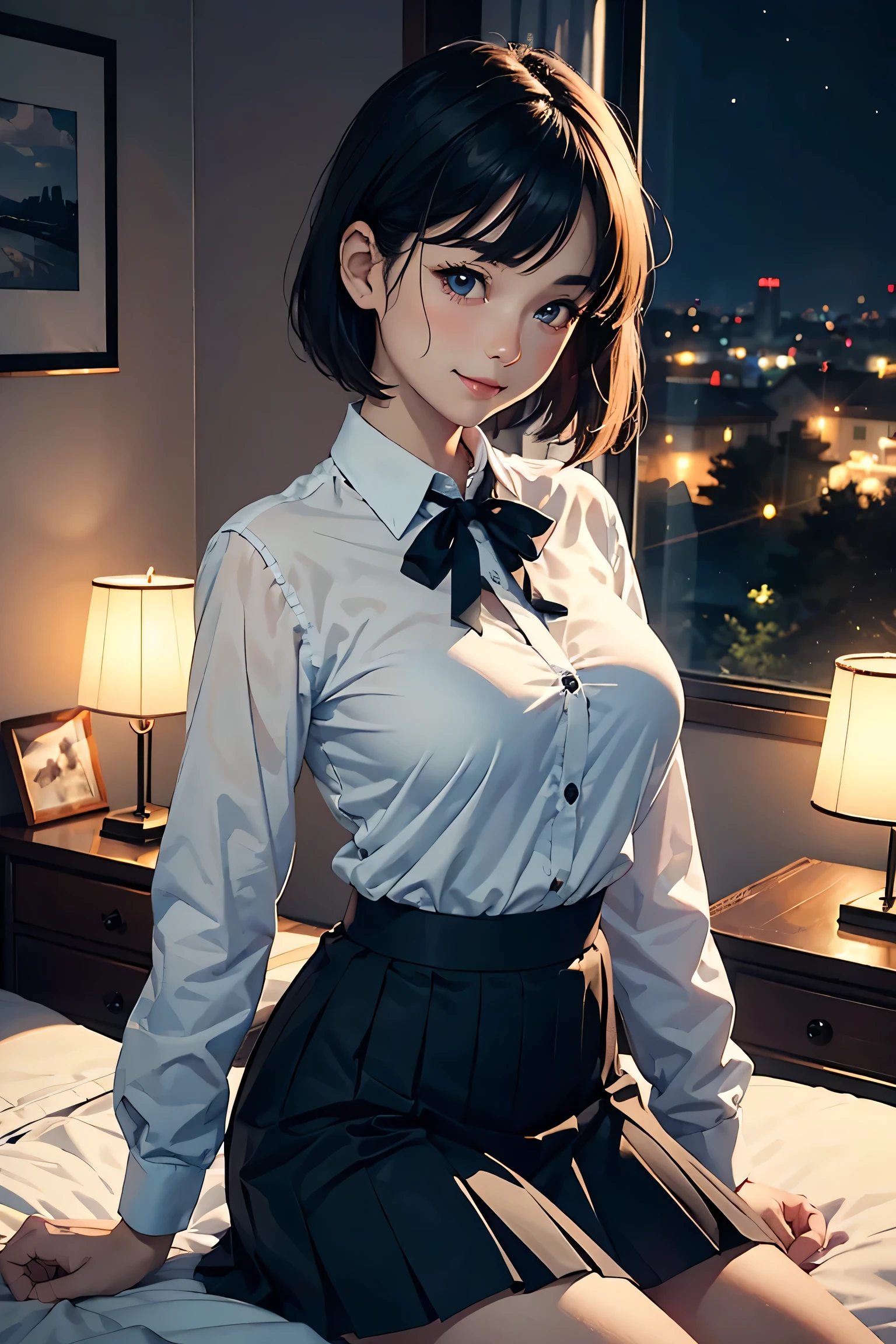 (masterpiece:1.2, Highest quality), (Realistic photos), Beautiful illustrations, (Natural side lighting, Cinema lighting),(1 person), Japanese, 20-year-old female, Perfect Face, Symmetrical cute face, Glowing Skin、Black short bob、Dark blue eyes, (Huge breasts:1.2), Slender build、Beautiful Hair, Beautiful Face, Fine and beautiful eyes, Beautiful body, Beautiful breasts,(White collared shirt、Small black ribbon、Navy blue pleated skirt)、smile、Blushing、whole body、Bedroom、Night view、立つ