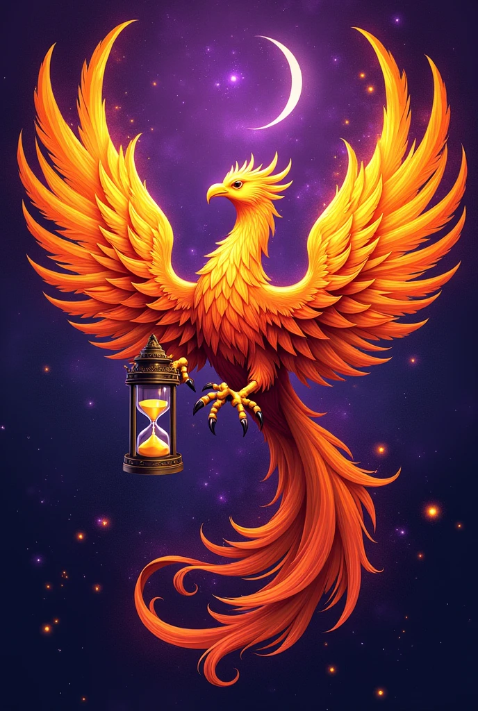 Just purple background with a fire phoenix , holding an hourglass, Written "Copernicus" Written maior de branco, with the black outline on top with star details 
