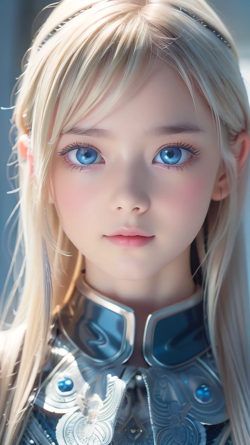 Highest quality、8K masterpiece、Ultra-high resolution、(Realistic:1.3)、RAW Photos、 Scandinavian girl with shiny blonde hair、Silvery blonde hair、Super long straight hair、Bangs between the eyes、Bangs that fall over the eyes、Bangs over one eye、Bangs between the eyes、White and glowing skin、1. Cyberpunk Super Beautiful Soldier、((Ultra-Realistic Details))、Portraiture、Global Illumination、Shadow Realm、Octane Rendering、8k、Ultra Sharp、metals、Cool colors、、Very intricate details、Realistic Light、Trends of the CG Association、Very beautiful big bright blue eyes、Very big eyes、Eyes shining at the camera、Neon Details、Small Face Beauty、Round face、Highlights of cheek luster、eyeliner