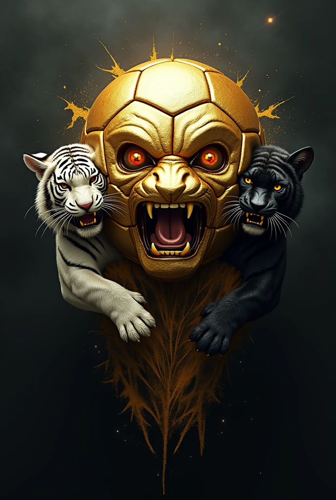 Logo of a gold plated soccer ball with a face inside the ball of a crazy animated schizophrenic holding the ball the fierce white bengal tiger and the fierce black panther for goal schizophrenics