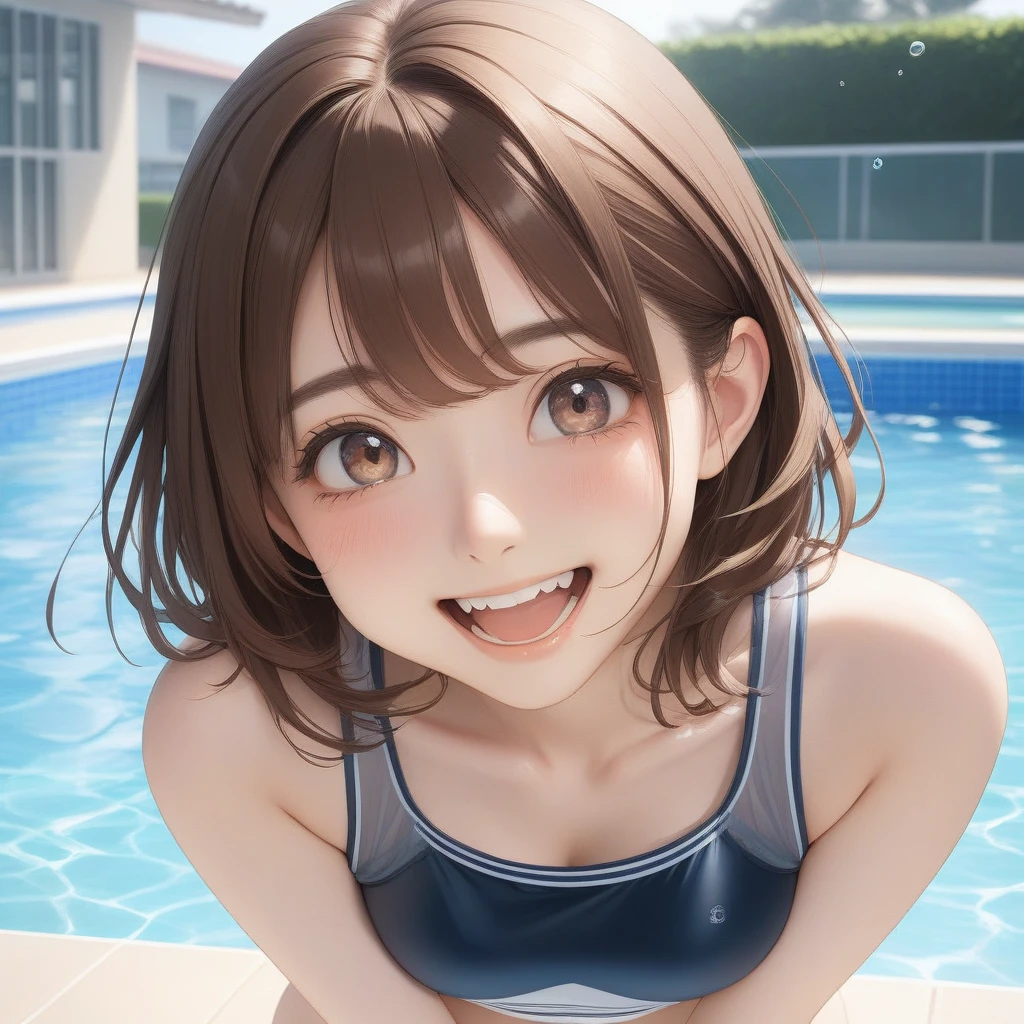 (masterpiece, best quality:1.2), 1girl, solo brown hair、Rounding short、Side Up、Detailed Eyes、Skin Texture、Open your mouth a little、smile、Transparency、School Swimsuit、T-Shirts、Poolside、