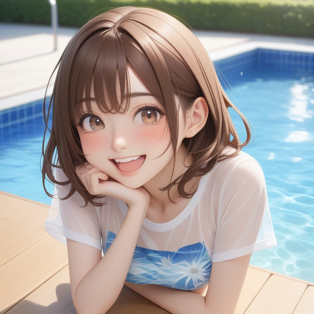 (masterpiece, best quality:1.2), 1girl, solo brown hair、Rounding short、Side Up、Detailed Eyes、Skin Texture、Open your mouth a little、smile、Transparency、School Swimsuit、T-Shirts、Poolside、