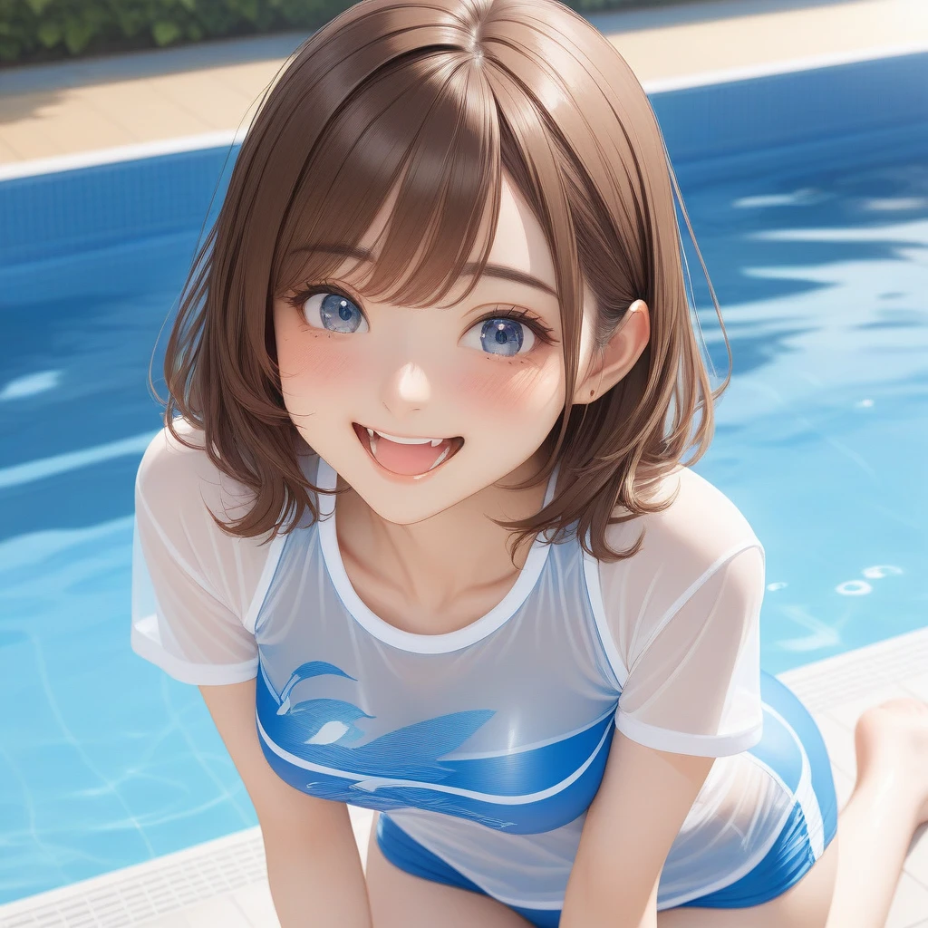 (masterpiece, best quality:1.2), 1girl, solo brown hair、Rounding short、Side Up、Detailed Eyes、Skin Texture、Open your mouth a little、smile、Transparency、School Swimsuit、T-Shirts、Poolside、