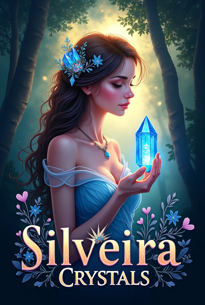 commercial logo with the name Silveira Crsytals written with drawings in crests and quartz and hearts and with a woman with one of the crystals in her hand and a little bit of nature like trees and plants with a magical background with colorful colors