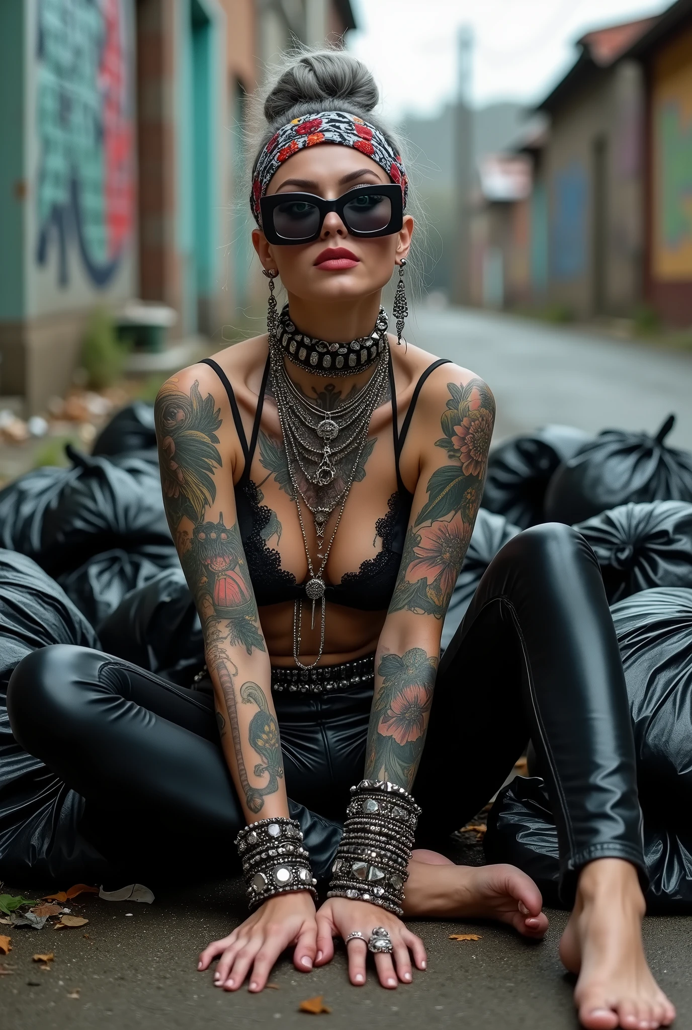 russian milf woman, grey hair (bouffant, top bun) and oversized square sunglasses and wide colourful bandana as headband, with very light green eyes, extremely pale. Big lips. Black lace push up bra, silicone breast,, tight skinny black low rise leather jeans. Barefoot. Lots of thick wide studded bracelets, chain necklaces and big rings,. Two loose studded belts. Long earrings with chains and feathers. Sitting on a pile of huge black plastic bags, sinking in them, separated legs, forearms on knees. Neck, chest, stomach and wrists heavily tattoed. Toned abdominals, thin neck, slim legs and thin arms. Narrow hips. Full body. At a dead end street with graffitied walls, ground littered with waste . Some nuns get close, scandalised. Full body, seen from above