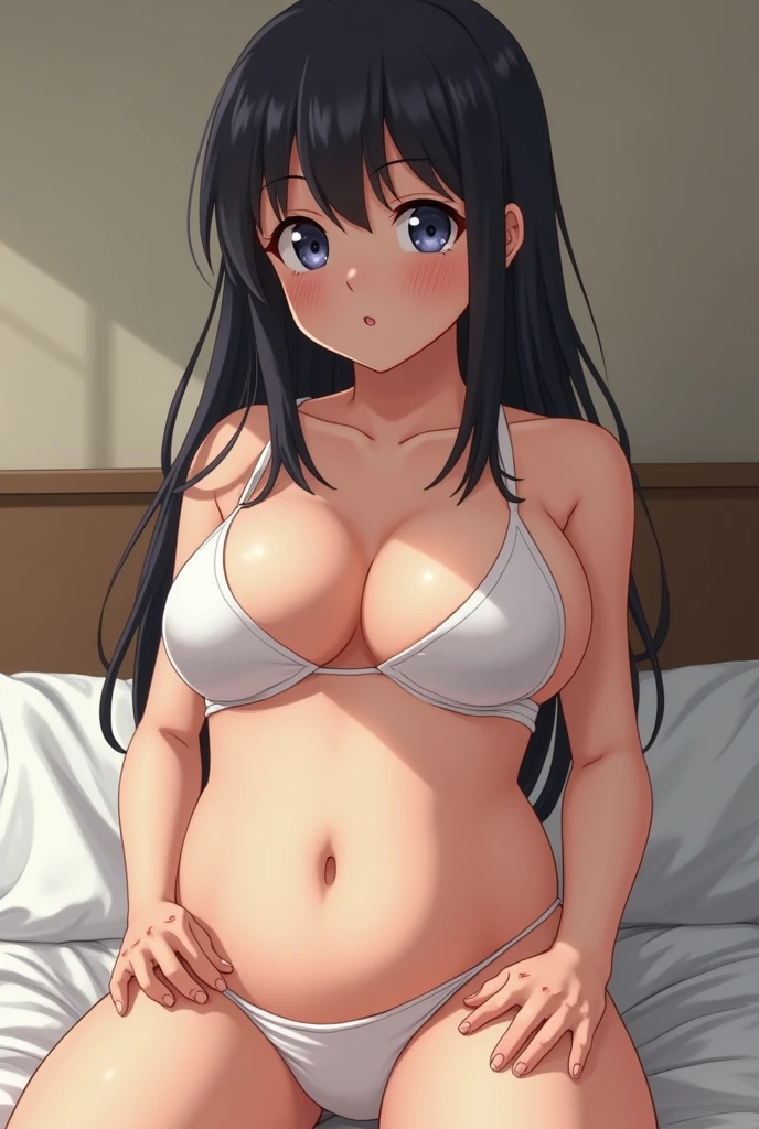 A completely naked anime girl, with huge breasts and hair that reaches the floor, she is on all fours on a bed, her hair is black