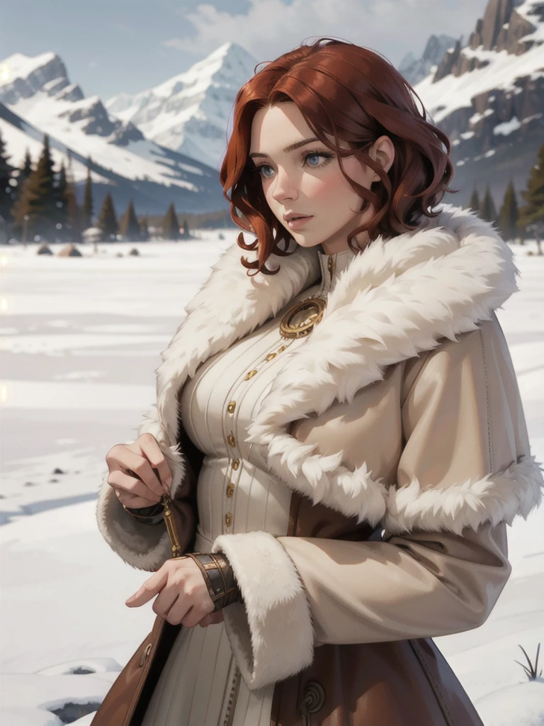 steampunk woman, short curly red hair, ivory fur coat, detailed face, early morning, snowy mountains, depth of field, blurry background, [[Sansa Stark]],[[Erin Heatherton]],[[Kate Beckinsale]]
