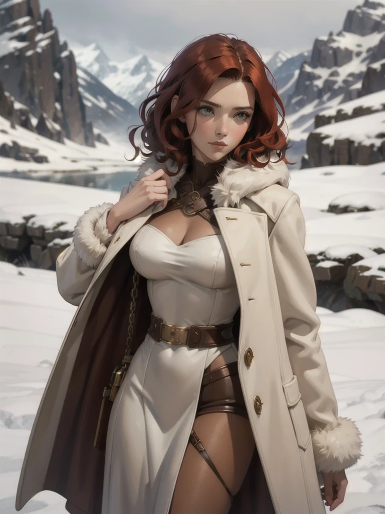 steampunk woman, short curly red hair, ivory fur coat, detailed face, early morning, snowy mountains, depth of field, blurry background, [[Sansa Stark]],[[Erin Heatherton]],[[Kate Beckinsale]]
