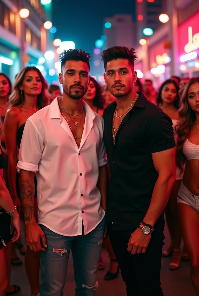 At night, 2 reggaeton singers with beautiful women and one of the singers with a white shirt and another black one with white skin, both of them having good style. It's a type of cover image for a reggaeton song.