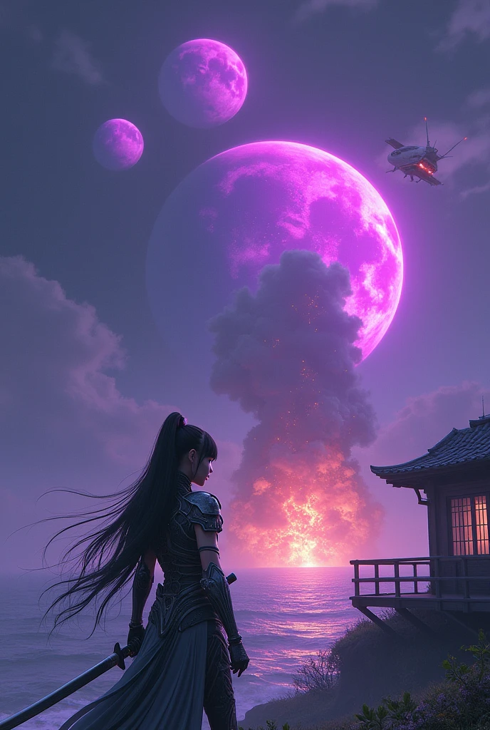 (photorealism:1.2), three purple planets, Explosion in the sky, asian Girl in cyberpunk armor with Green eyes and Samurai sword, sea and house, dark Blue sky, white spaceship drop bomb