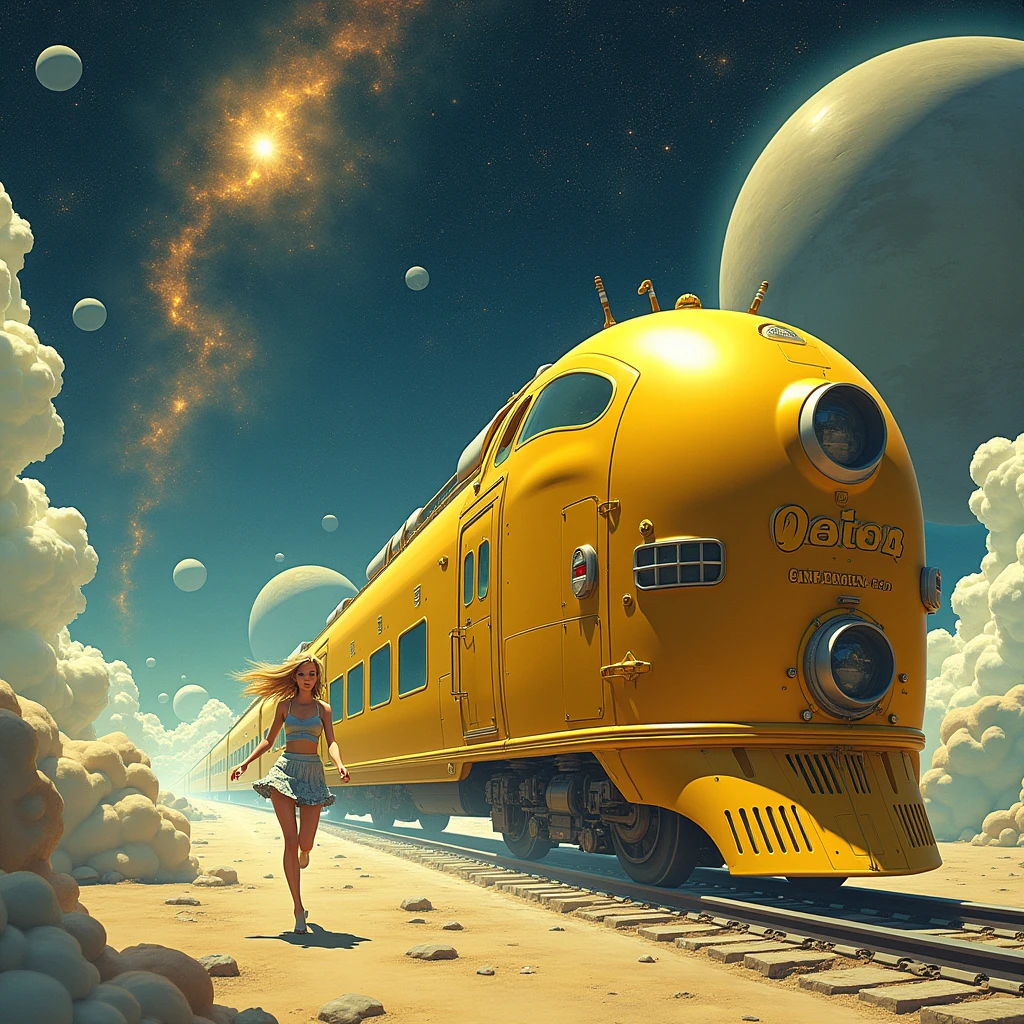 Viviano Codazzi,A golden train running through space、Golden Galaxy Express 999、Golden Shiny Train、 Katsuhiro Otomo, Surreal, mysterious, strange, Fantasy, Fantasy, sf, Japanese anime, spherical building, cross section, perspective, perspective drawing, Moving vanishing point, Beautiful blonde Alice in a mini skirt running as a sphere, superior, end, left, right, Soap bubble, A masterpiece with attention to detail