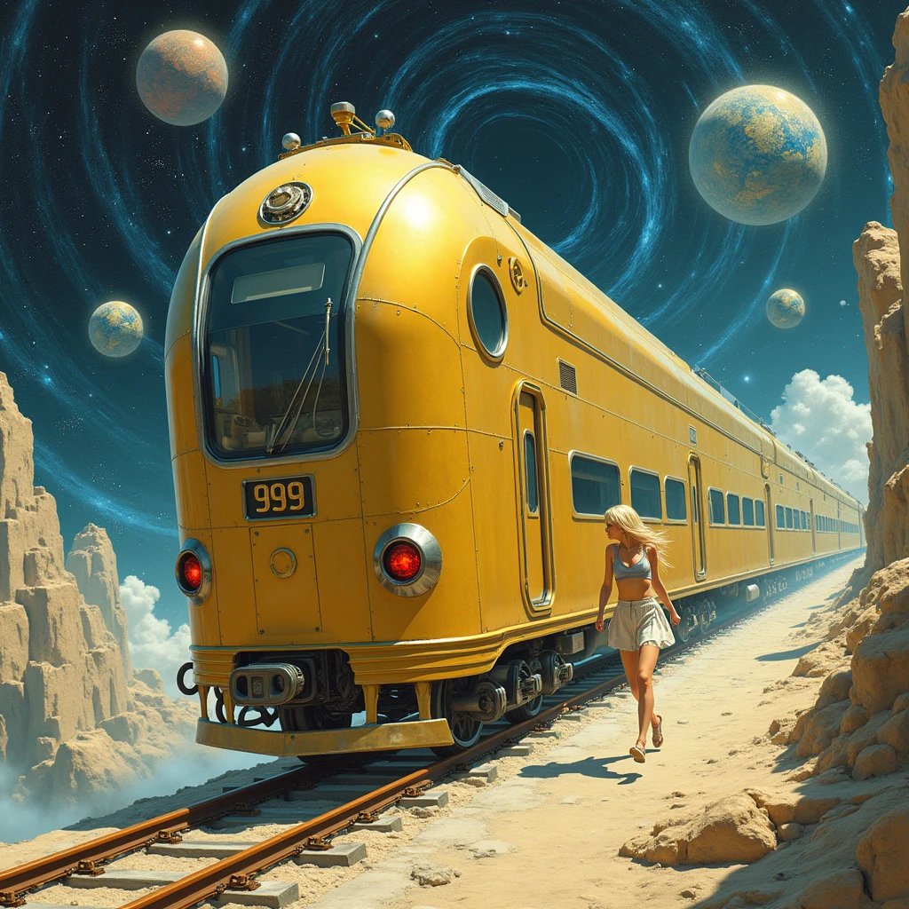 Viviano Codazzi,A golden train running through space、Golden Galaxy Express 999、Golden Shiny Train、 Katsuhiro Otomo, Surreal, mysterious, strange, Fantasy, Fantasy, sf, Japanese anime, spherical building, cross section, perspective, perspective drawing, Moving vanishing point, Beautiful blonde Alice in a mini skirt running as a sphere, superior, end, left, right, Soap bubble, A masterpiece with attention to detail