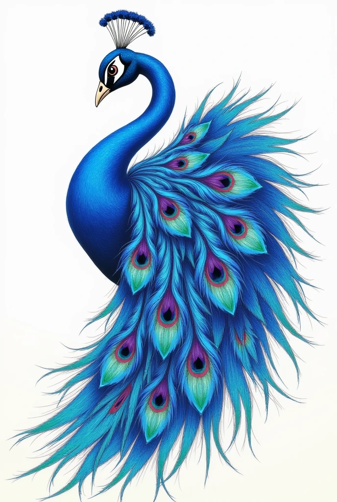 Blue peacock drawing from the side , com as asas abertas, for tattooing with fine and bold lines, colorful eye-shaped feathers