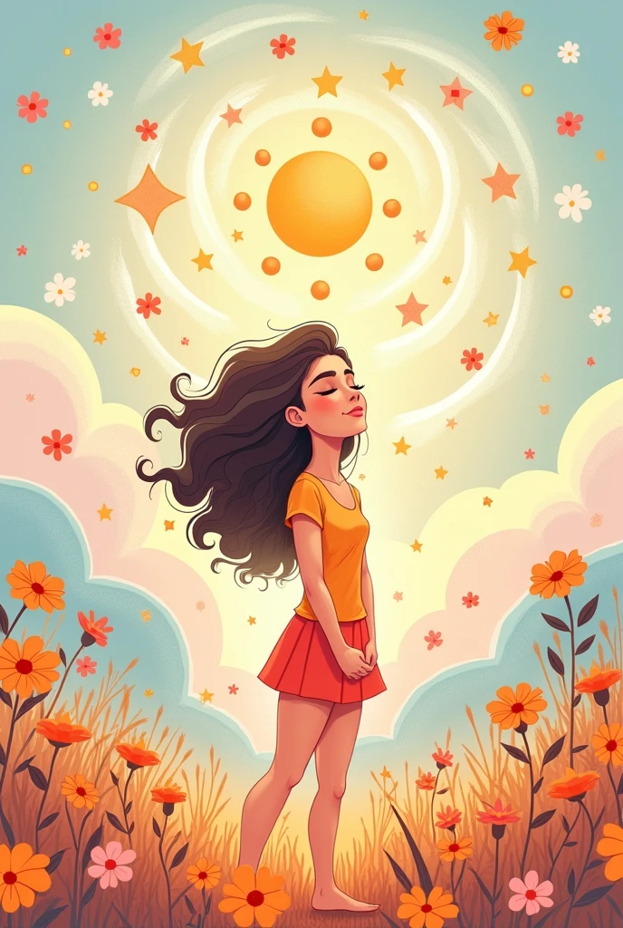 Make a cartoon with the theme of a woman making affirmations to heal her soul